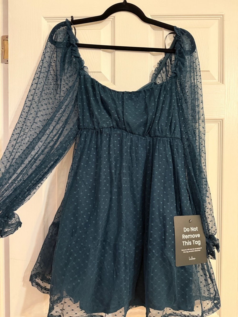Lulus Dreamy Sweetness Dark Teal Swiss Dot Ruffled Mini Babydoll Dress Blue - Picture 2 of 3